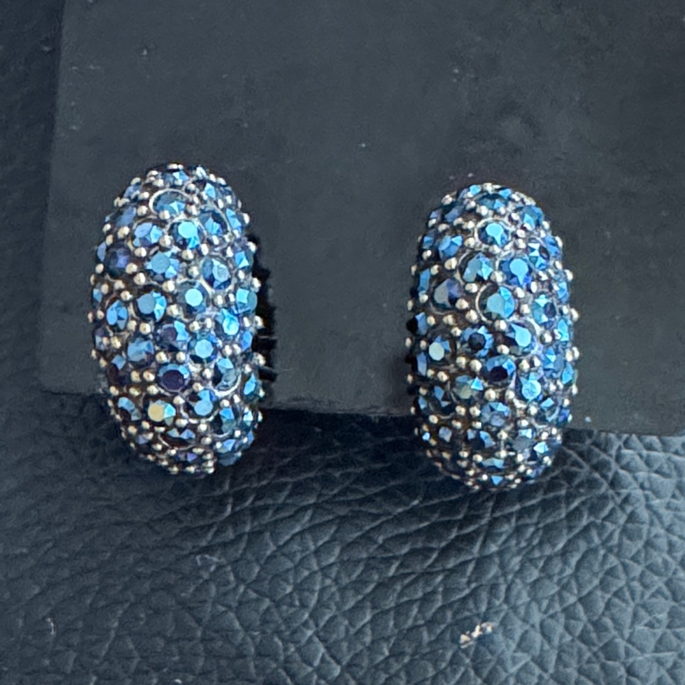 Heidi Daus Hugs Half Hoop Blue Rhinestone Clip on Earrings